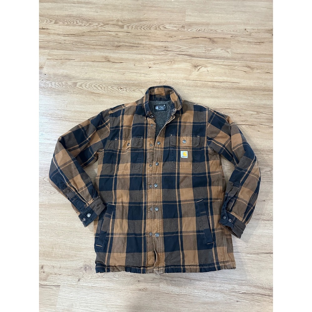 Carhartt Mens Relaxed Fit Sherpa Lined Plaid Flannel Shacket Brown Black M